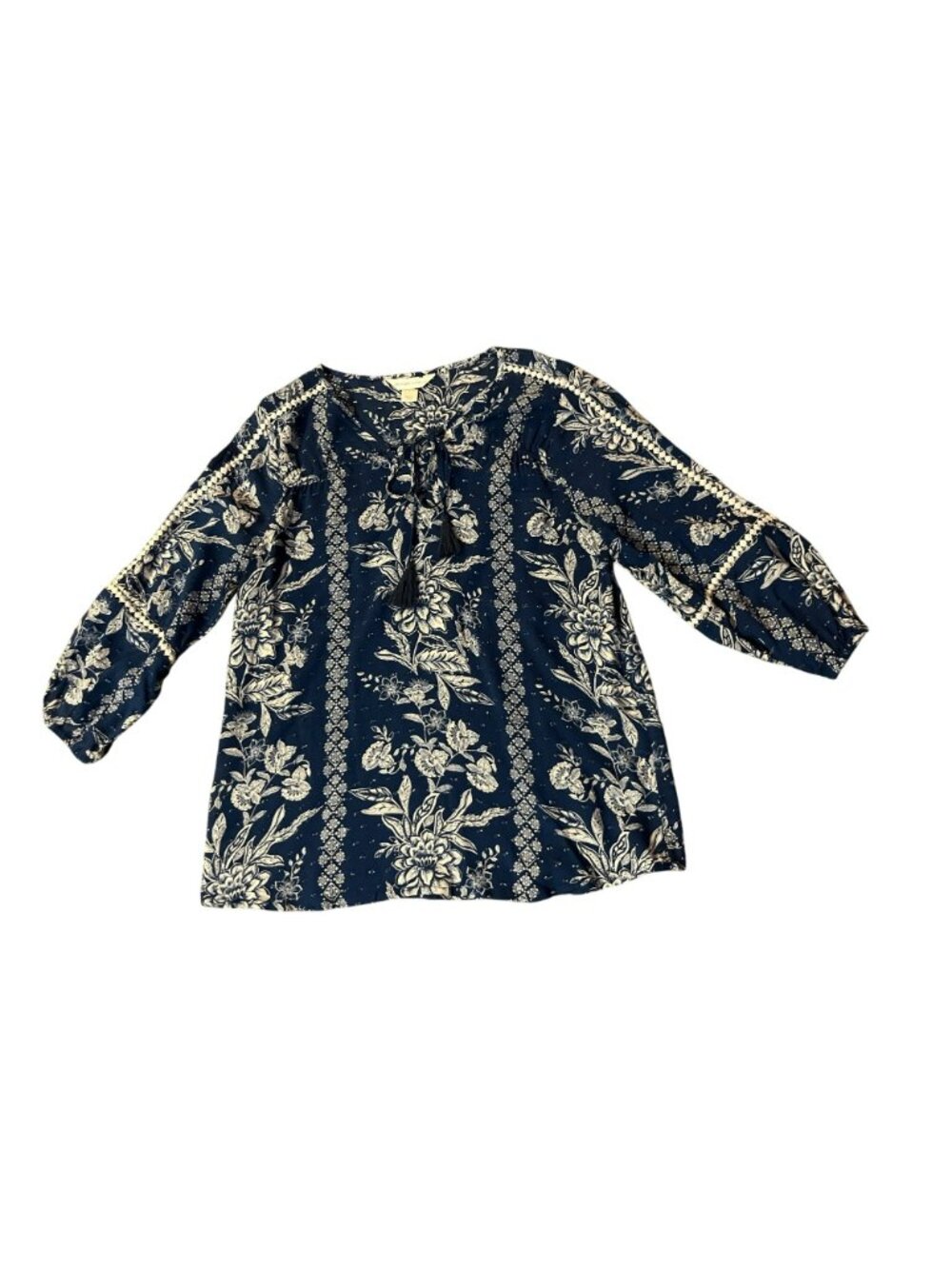 Christopher & Banks Blue Boho Blouse S Tassel Tie Rayon Used Lightweight - Picture 3 of 15